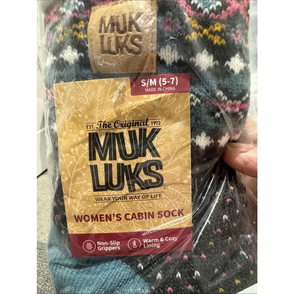 Muk Luks Women's Patterned Cabin Socks in Teal, Pink & Black